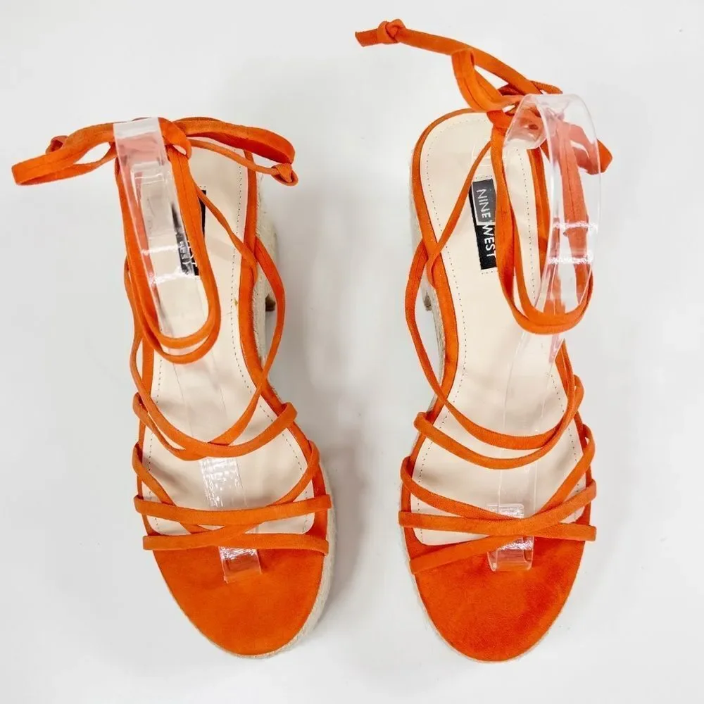 Nine West Riplee Platform Espadrille Ankle Wrap Strappy Sandals Orange‎ 8.5